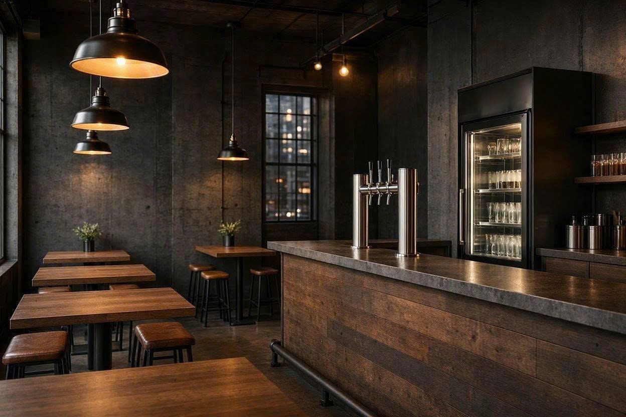 Quầy bar bia tươi với trụ rót 4 vòi — thiết bị KRS brewtech